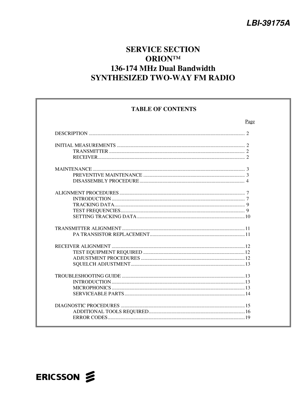 Ericsson LBI-39175A manual Table of Contents 