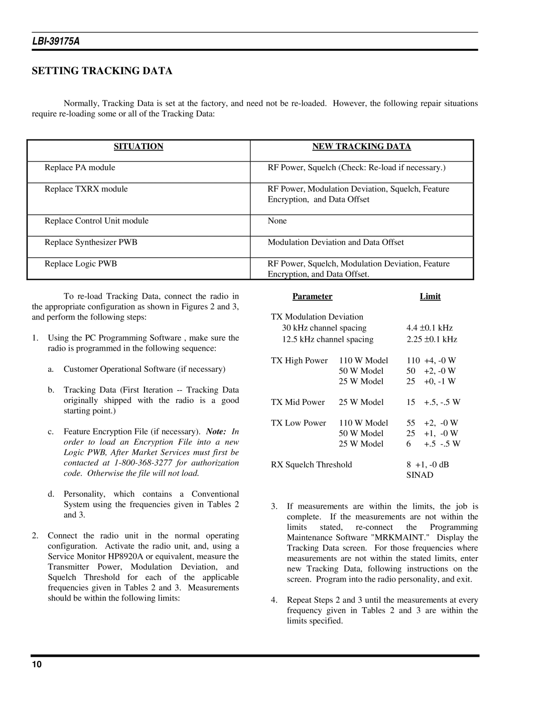 Ericsson LBI-39175A manual Setting Tracking Data, Situation NEW Tracking Data, Parameter Limit, Sinad 