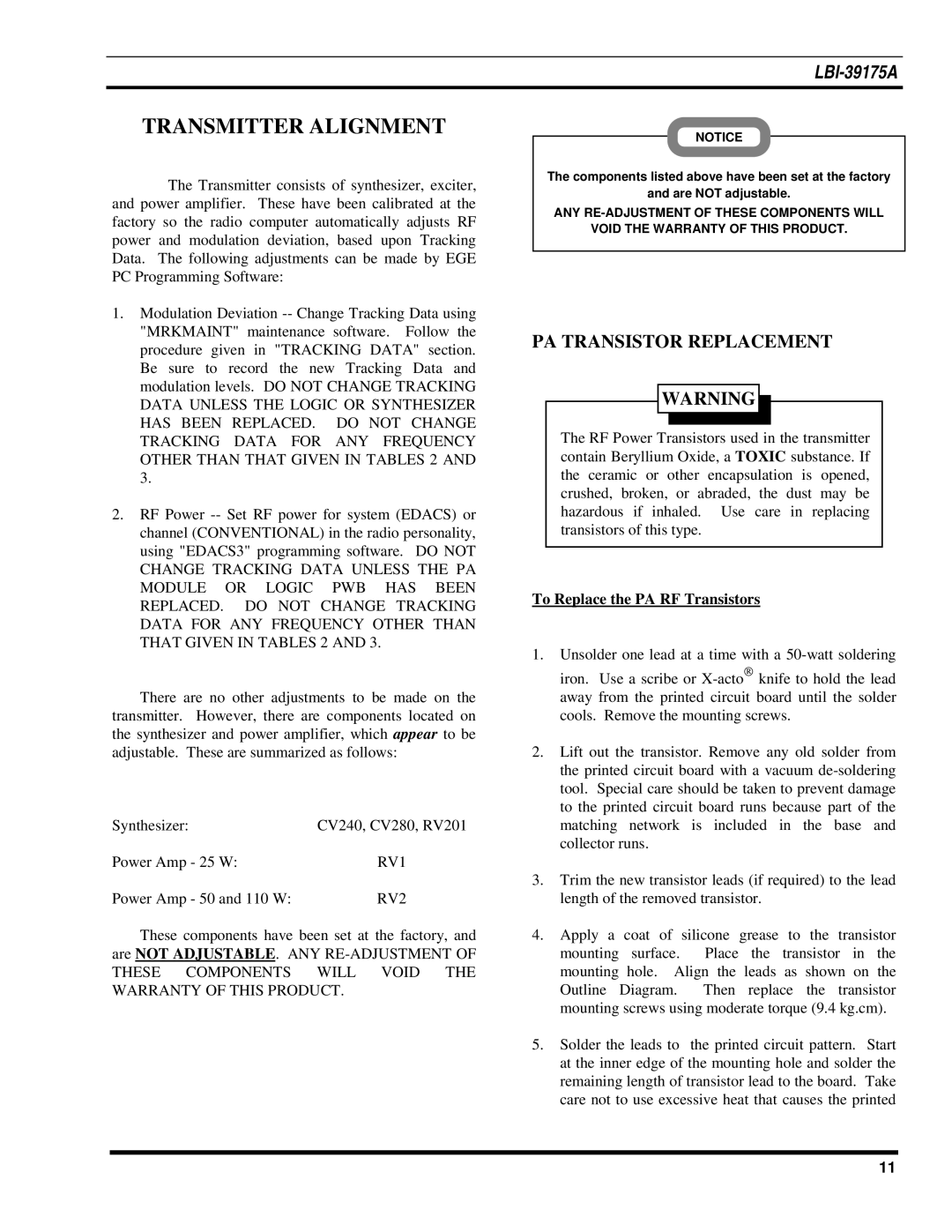 Ericsson LBI-39175A manual Transmitter Alignment, PA Transistor Replacement, To Replace the PA RF Transistors 