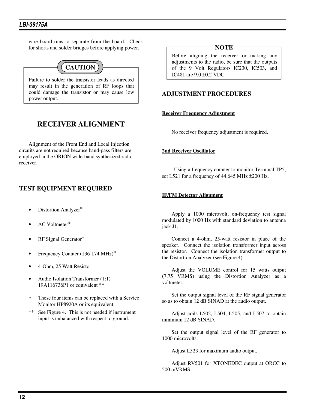 Ericsson LBI-39175A manual Receiver Alignment, Test Equipment Required, Adjustment Procedures 