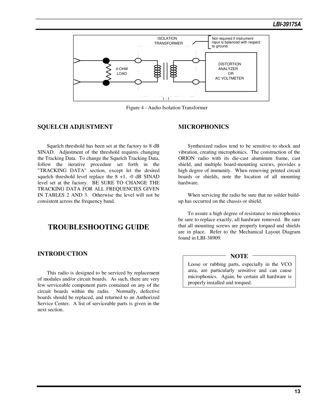 Ericsson LBI-39175A manual Troubleshooting Guide, Squelch Adjustment, Microphonics 