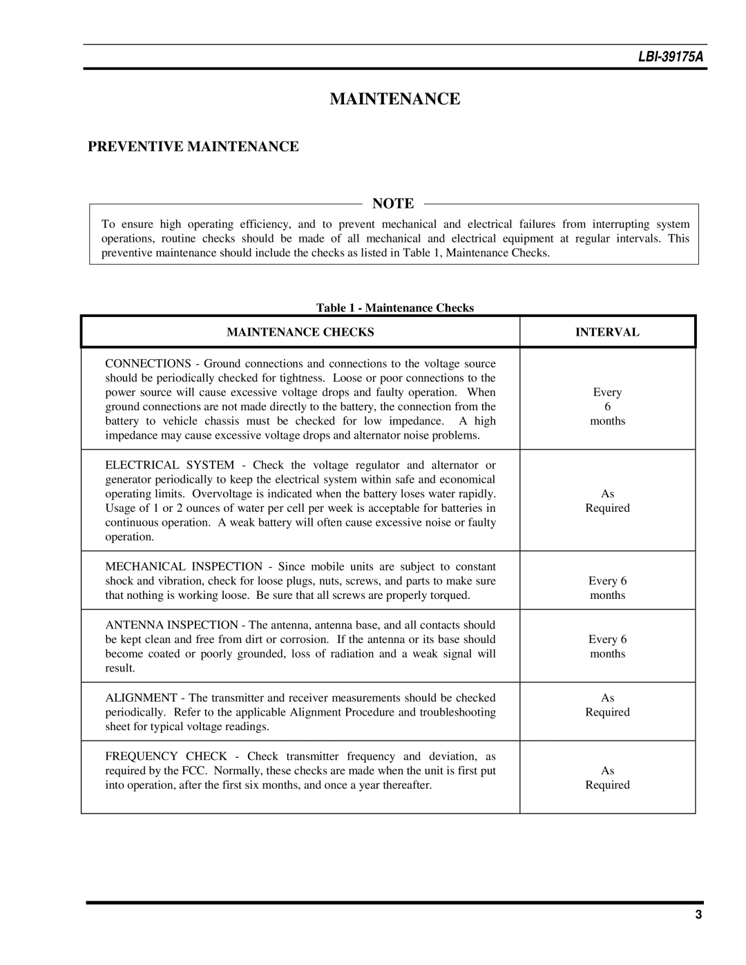 Ericsson LBI-39175A manual Preventive Maintenance, Maintenance Checks Interval 