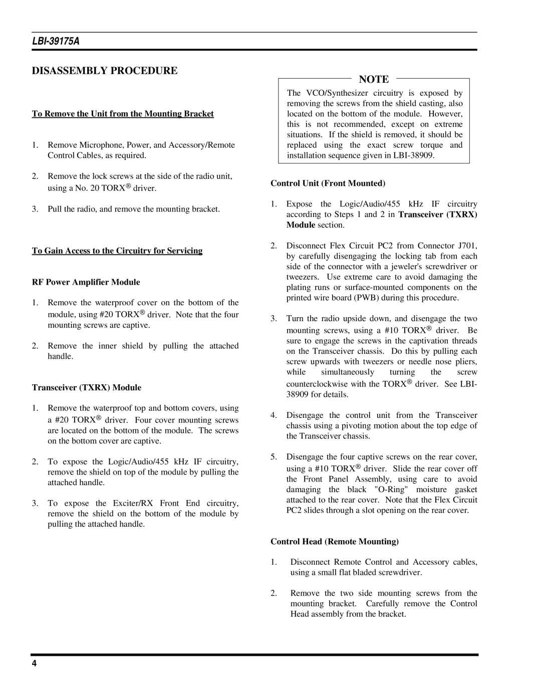 Ericsson LBI-39175A manual Disassembly Procedure, To Remove the Unit from the Mounting Bracket, Transceiver Txrx Module 