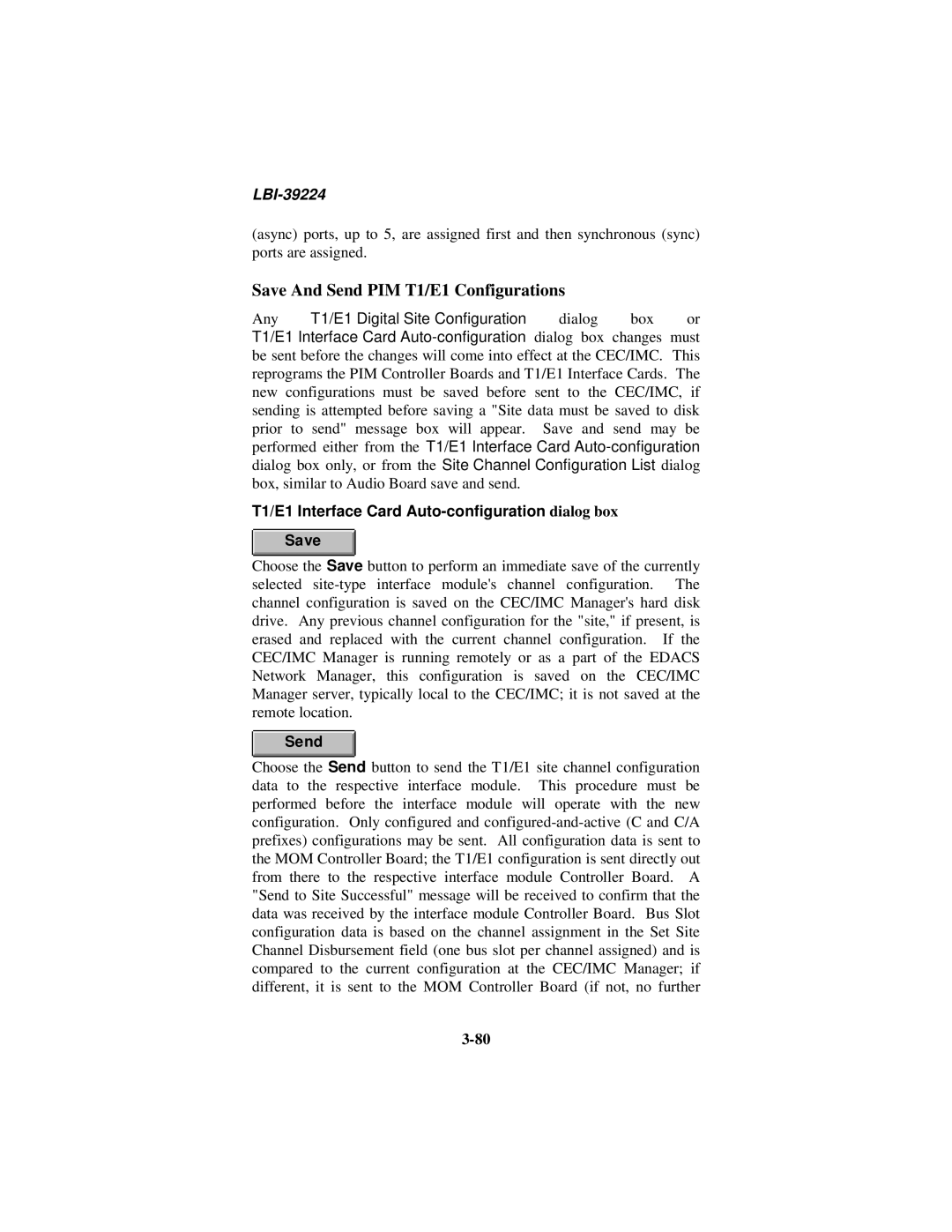 Ericsson LBI-39224 manual Save And Send PIM T1/E1 Configurations, T1/E1 Interface Card Auto-configuration dialog box Save 