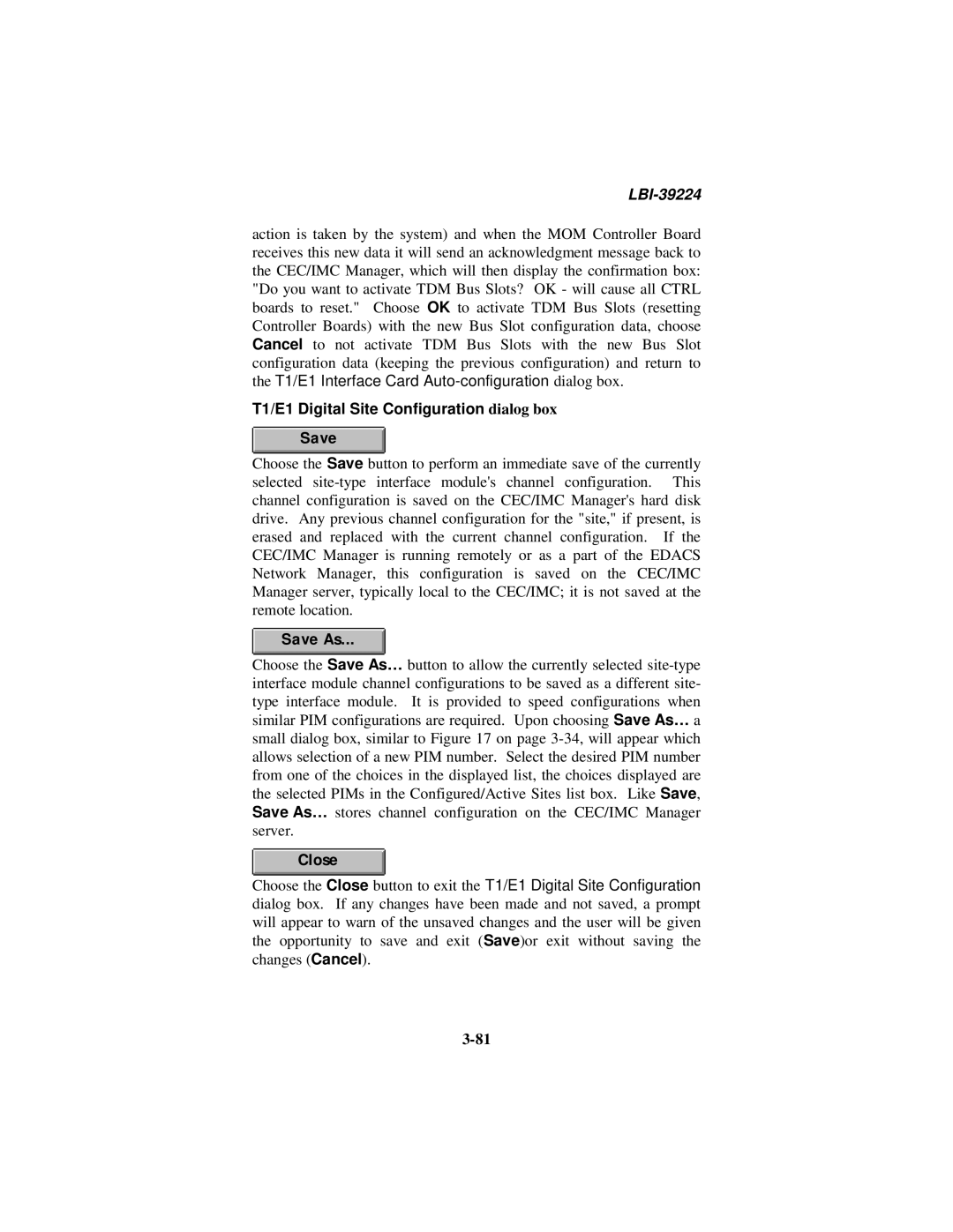 Ericsson LBI-39224 manual T1/E1 Digital Site Configuration dialog box Save 