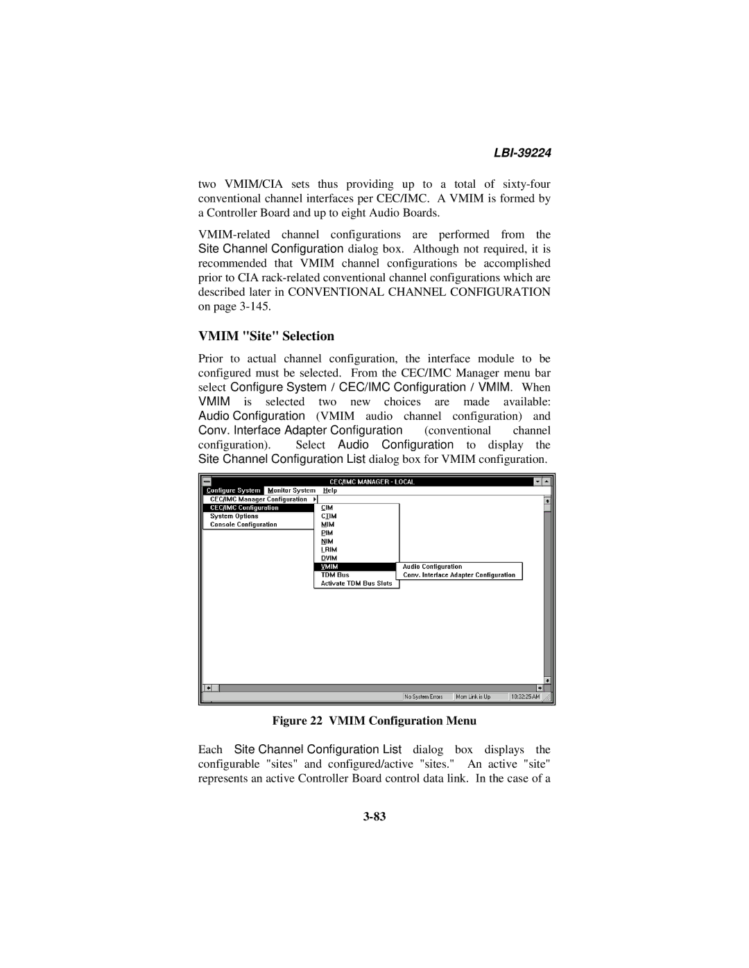 Ericsson LBI-39224 manual Vmim Site Selection, Vmim Configuration Menu 