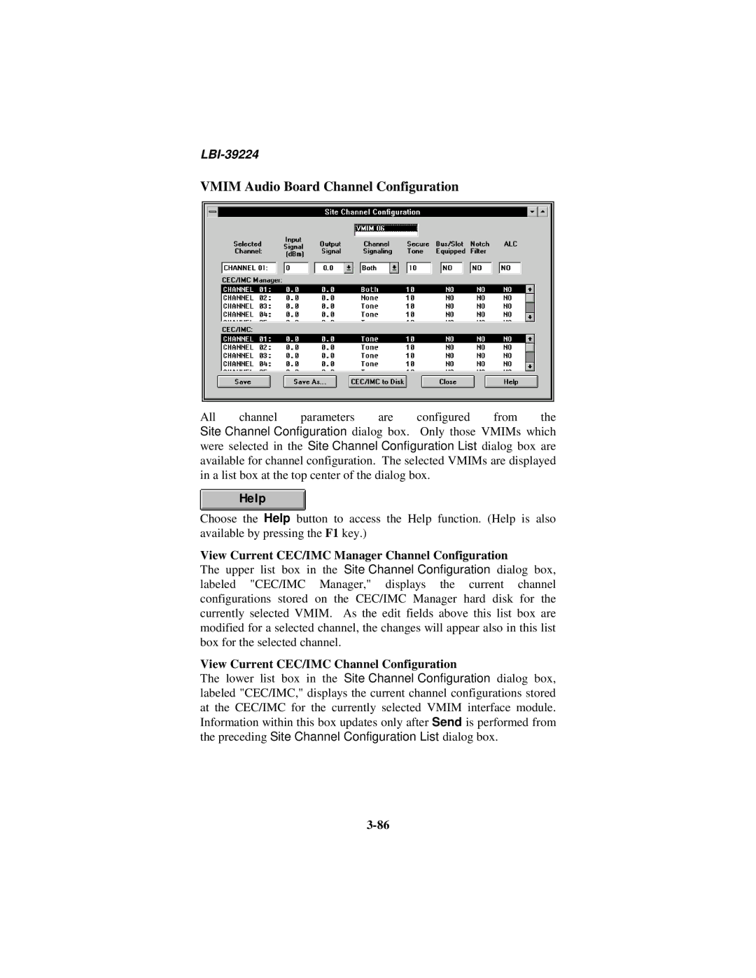 Ericsson LBI-39224 manual Vmim Audio Board Channel Configuration, View Current CEC/IMC Manager Channel Configuration 