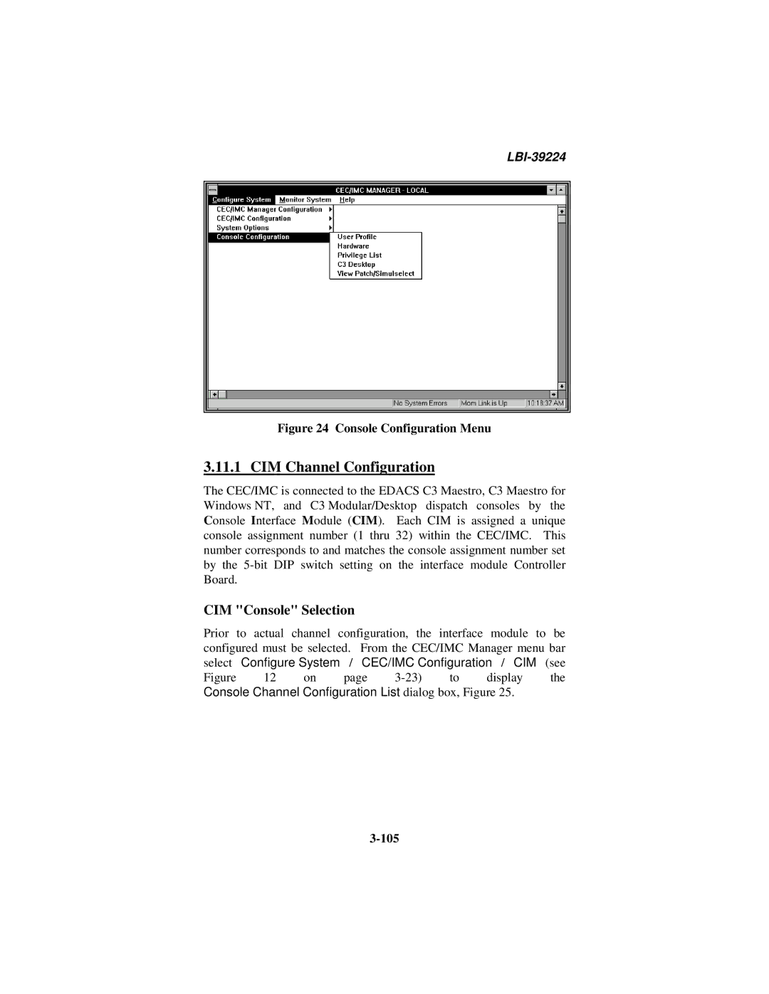 Ericsson LBI-39224 manual CIM Channel Configuration, CIM Console Selection, 105 