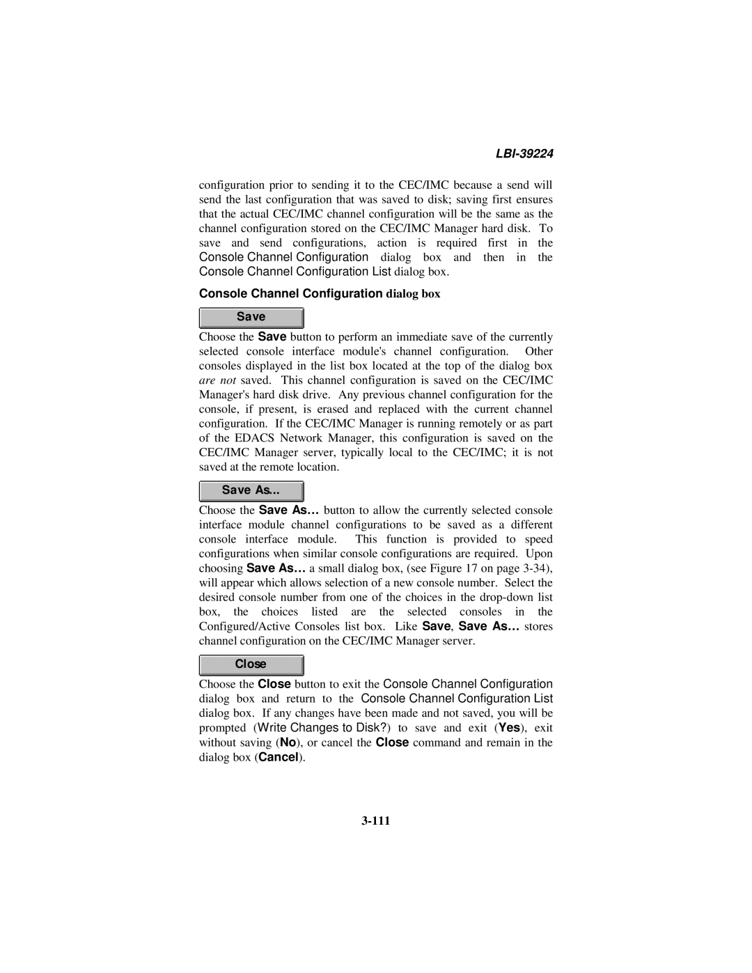 Ericsson LBI-39224 manual Console Channel Configuration dialog box Save, 111 