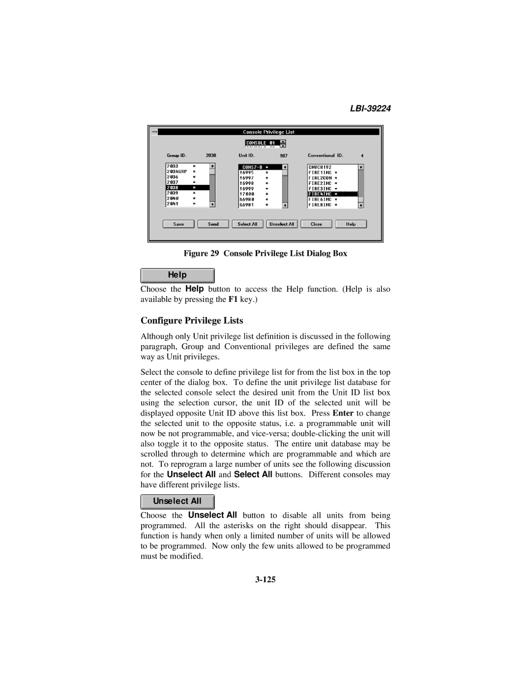 Ericsson LBI-39224 manual Configure Privilege Lists, Unselect All, 125 