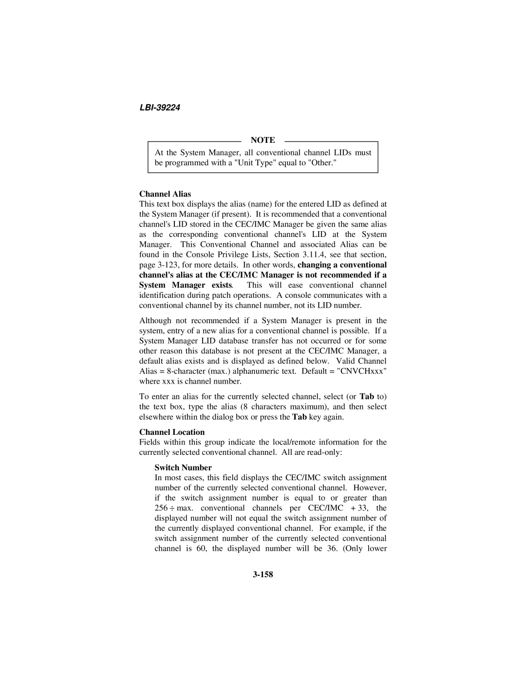 Ericsson LBI-39224 manual Channel Alias, Channel Location, Switch Number, 158 