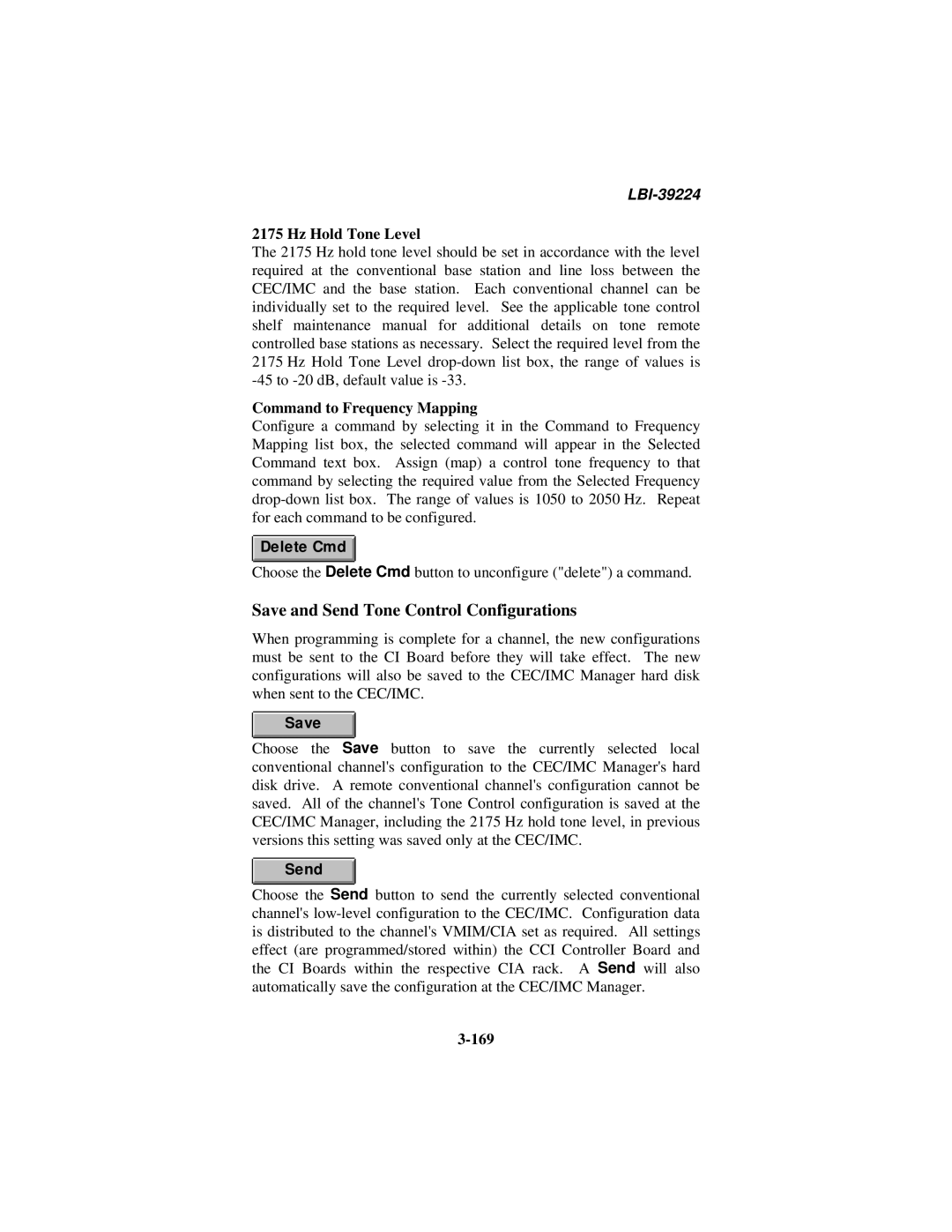 Ericsson LBI-39224 Save and Send Tone Control Configurations, Hz Hold Tone Level, Command to Frequency Mapping, Delete Cmd 