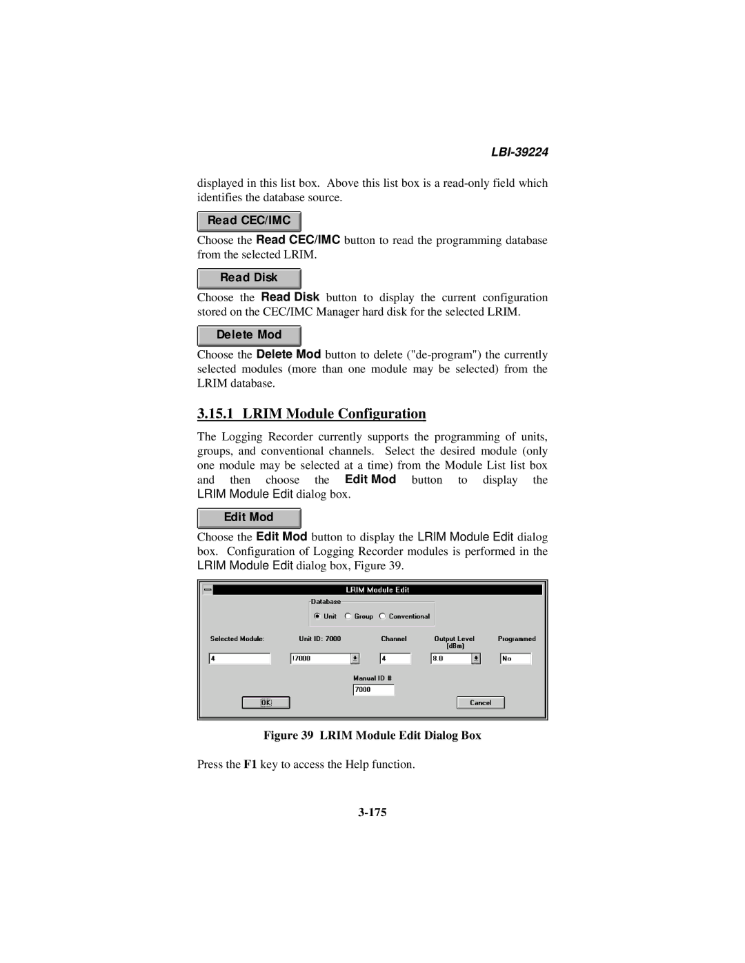 Ericsson LBI-39224 manual Lrim Module Configuration, Delete Mod, Edit Mod, 175 