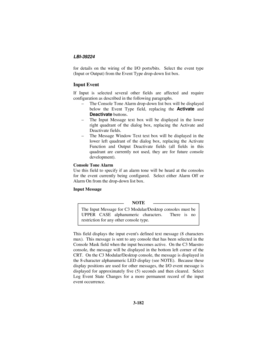 Ericsson LBI-39224 manual Input Event, Deactivate buttons, Console Tone Alarm, Input Message, 182 