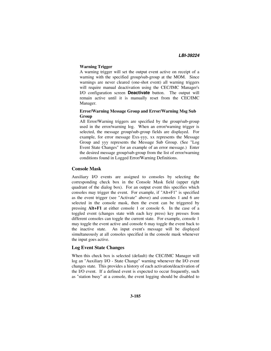 Ericsson LBI-39224 Console Mask, Log Event State Changes, Error/Warning Message Group and Error/Warning Msg Sub Group, 185 