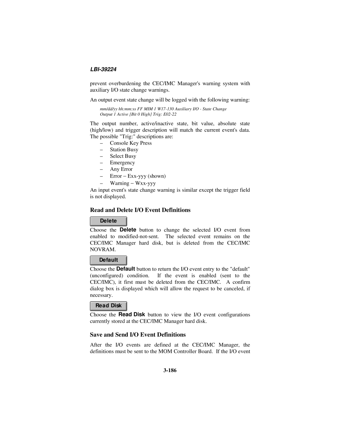 Ericsson LBI-39224 manual Read and Delete I/O Event Definitions, Save and Send I/O Event Definitions, Default, 186 