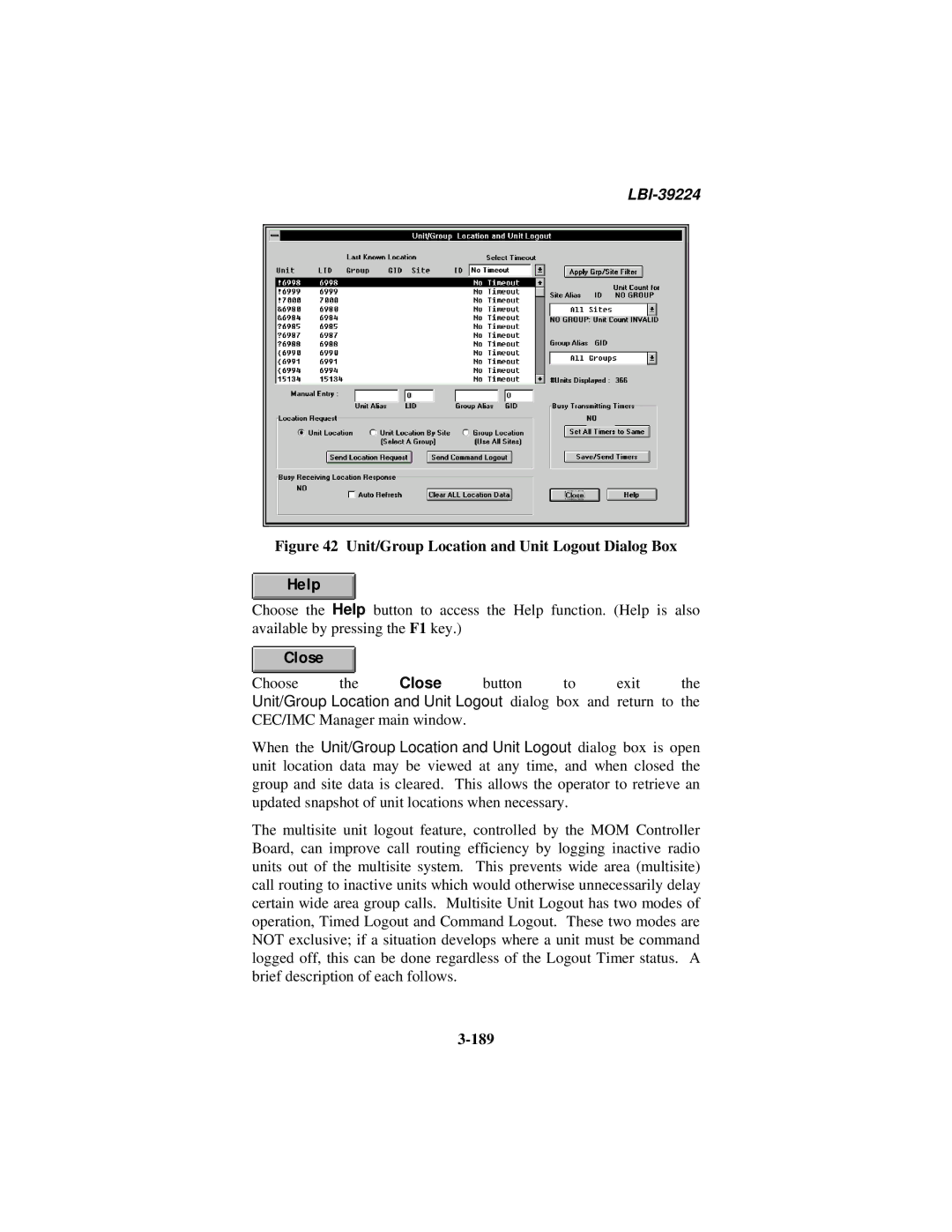 Ericsson LBI-39224 manual Unit/Group Location and Unit Logout Dialog Box, 189 