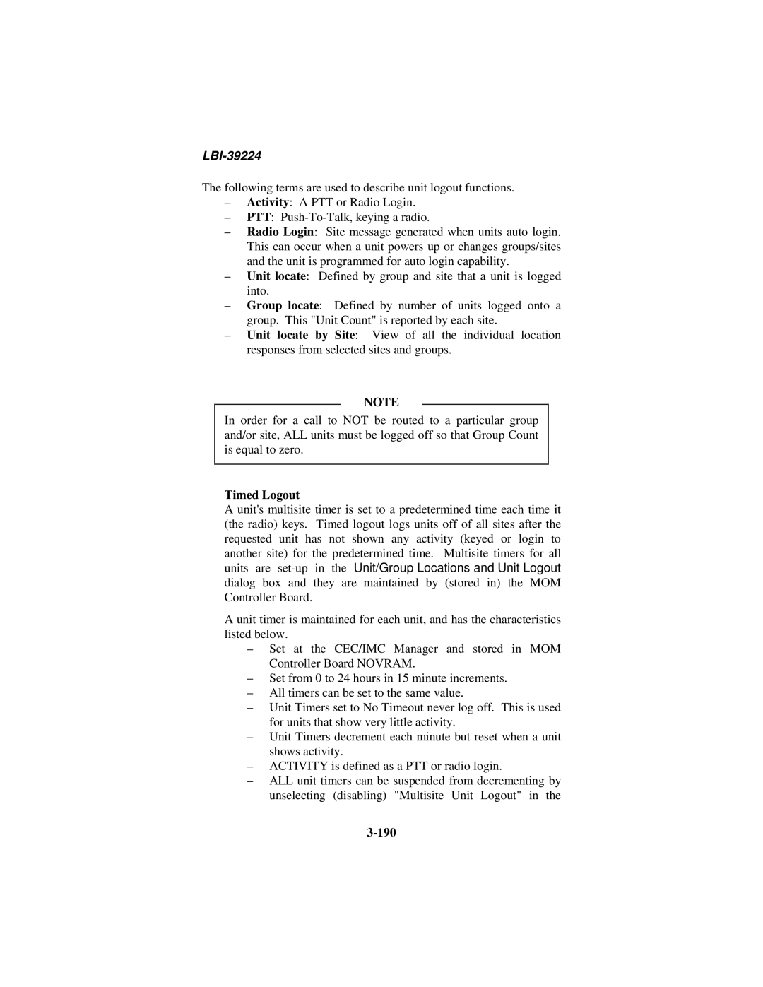 Ericsson LBI-39224 manual Timed Logout, 190 