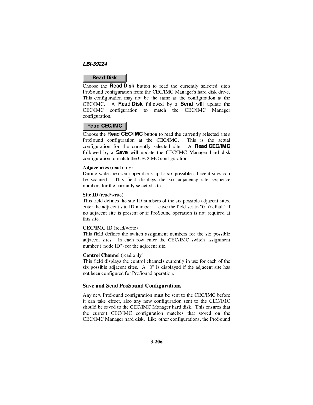 Ericsson LBI-39224 manual Save and Send ProSound Configurations, Adjacencies read only, Control Channel read only, 206 