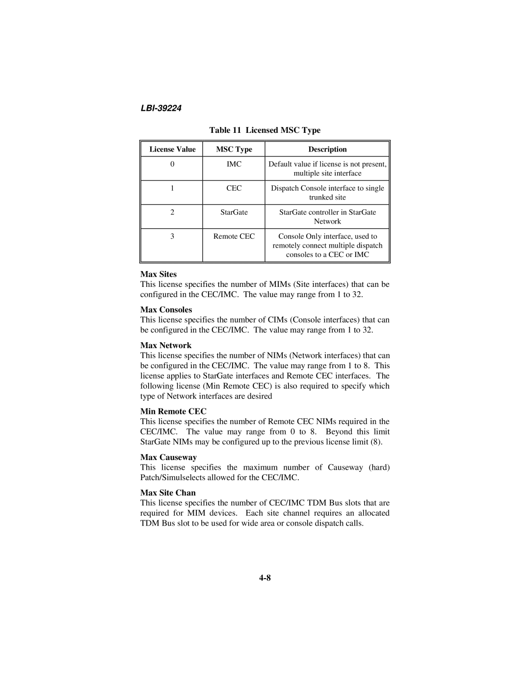 Ericsson LBI-39224 Licensed MSC Type, Max Sites, Max Consoles, Max Network, Min Remote CEC, Max Causeway, Max Site Chan 