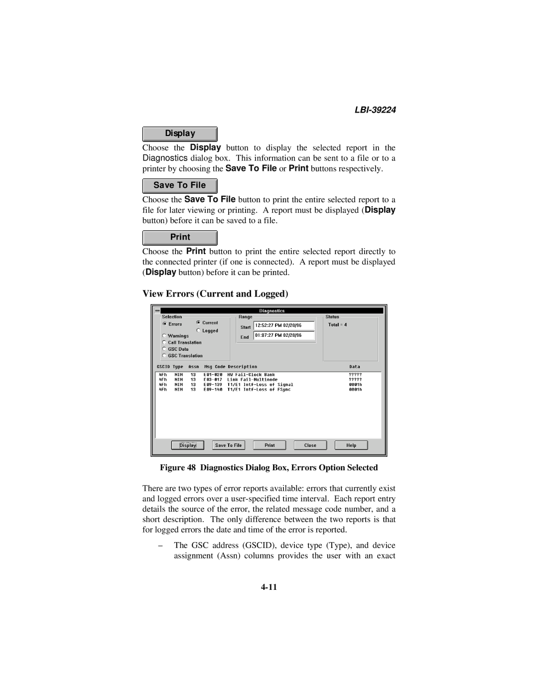 Ericsson LBI-39224 manual View Errors Current and Logged, Display, Save To File, Print 