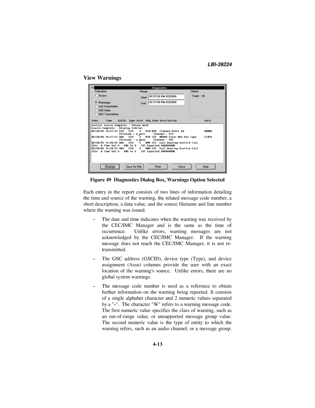 Ericsson LBI-39224 manual View Warnings, Diagnostics Dialog Box, Warnings Option Selected 