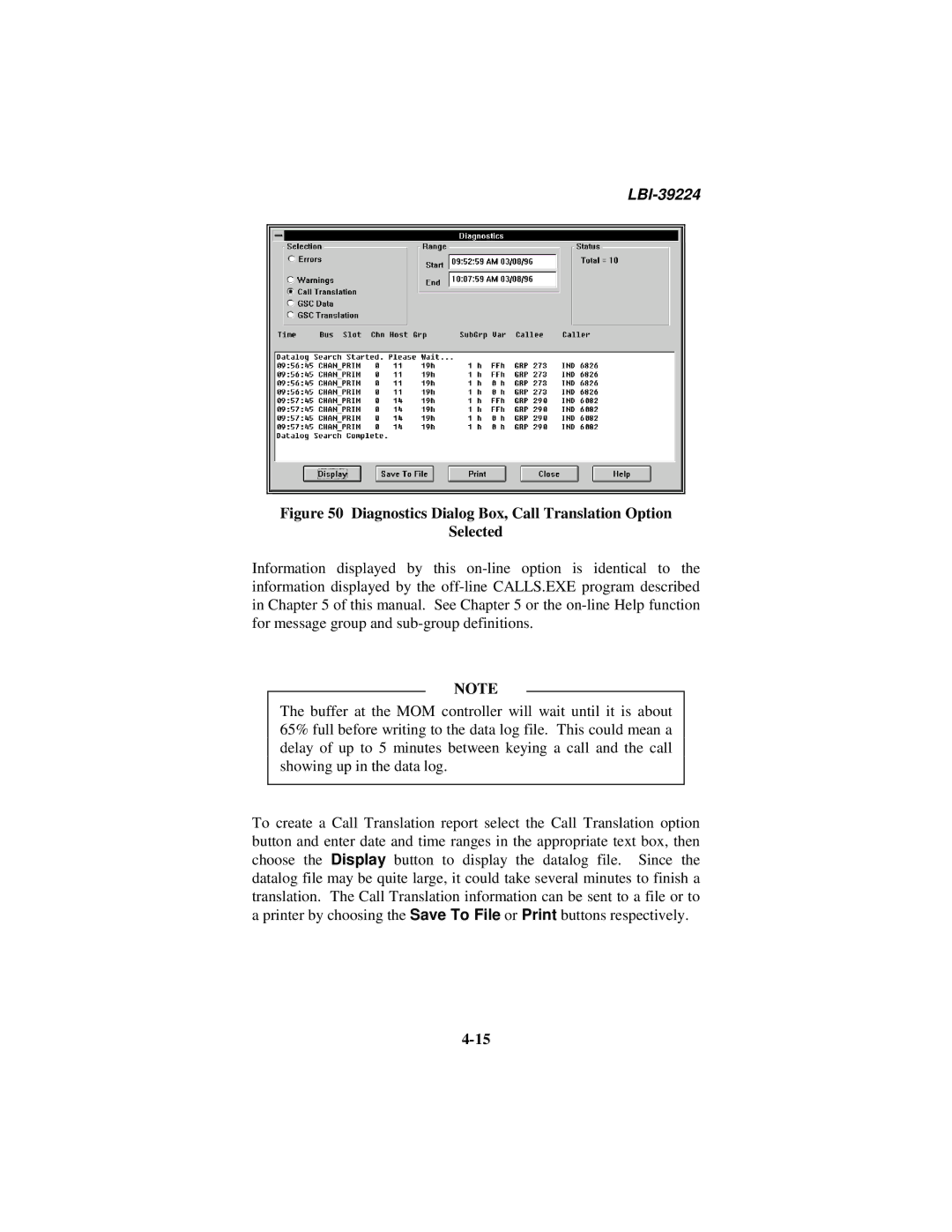 Ericsson LBI-39224 manual Diagnostics Dialog Box, Call Translation Option Selected 