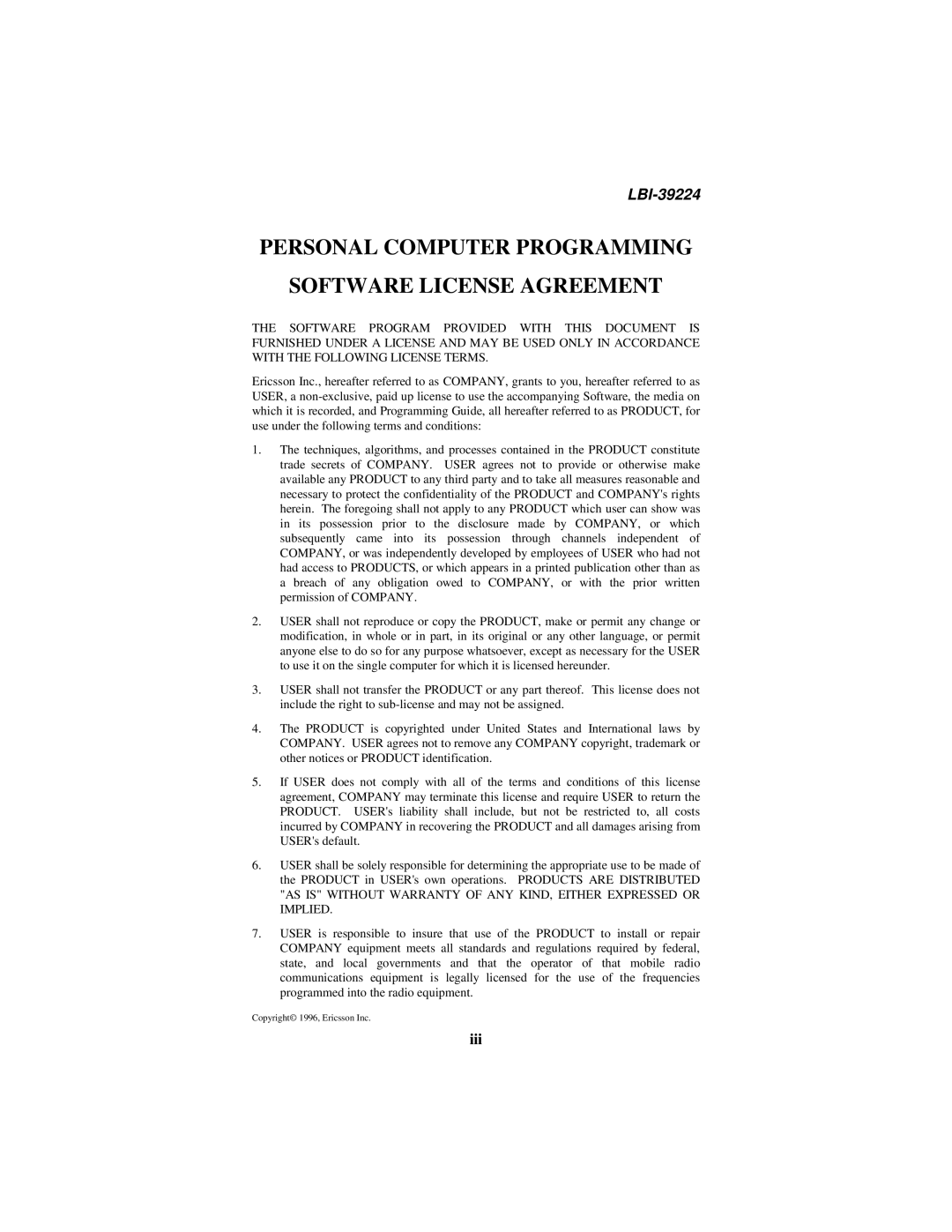 Ericsson LBI-39224 manual Personal Computer Programming Software License Agreement, Iii 