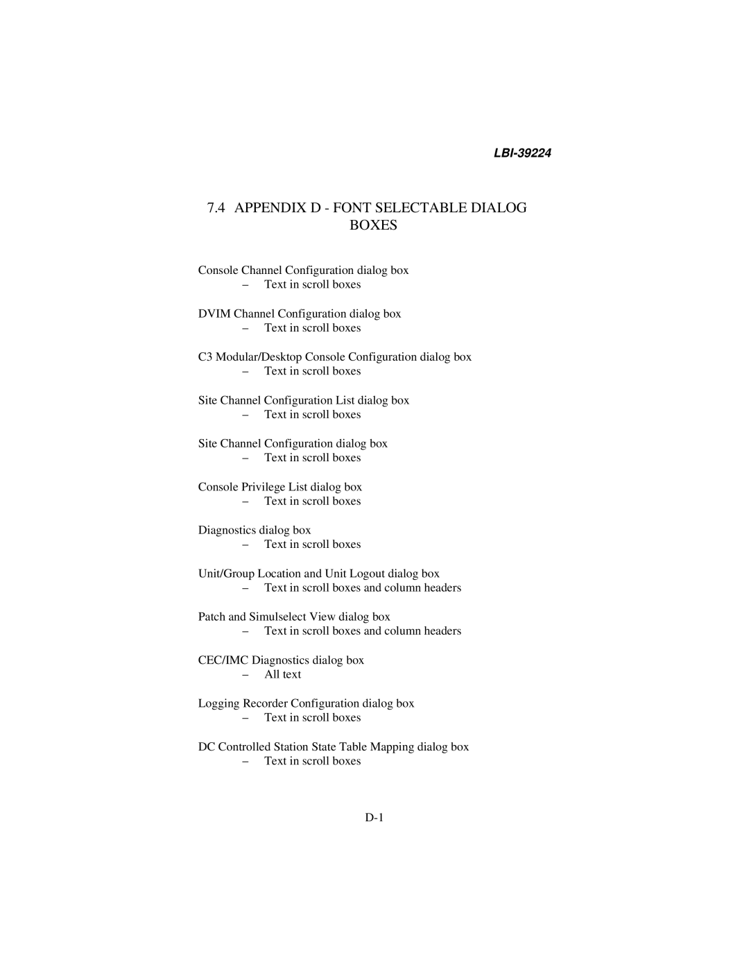 Ericsson LBI-39224 manual Appendix D Font Selectable Dialog Boxes 