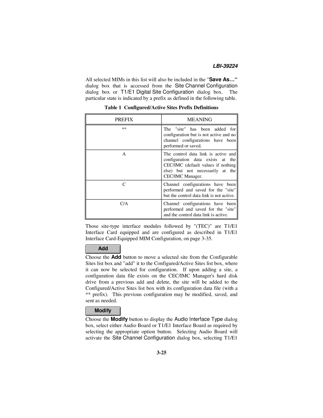 Ericsson LBI-39224 manual Configured/Active Sites Prefix Definitions, Modify 