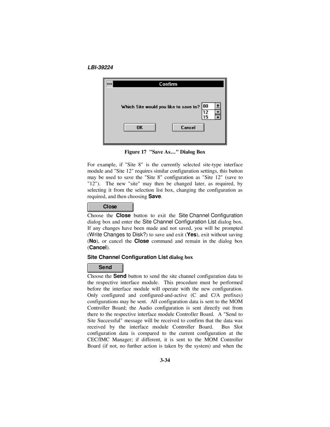 Ericsson LBI-39224 manual Save As… Dialog Box, Site Channel Configuration List dialog box Send 