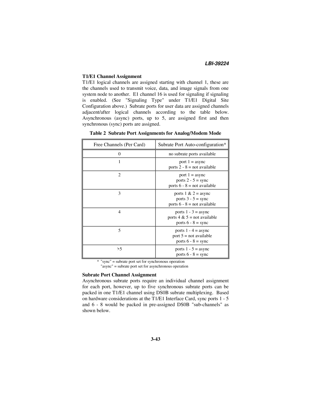 Ericsson LBI-39224 manual T1/E1 Channel Assignment, Subrate Port Assignments for Analog/Modem Mode 