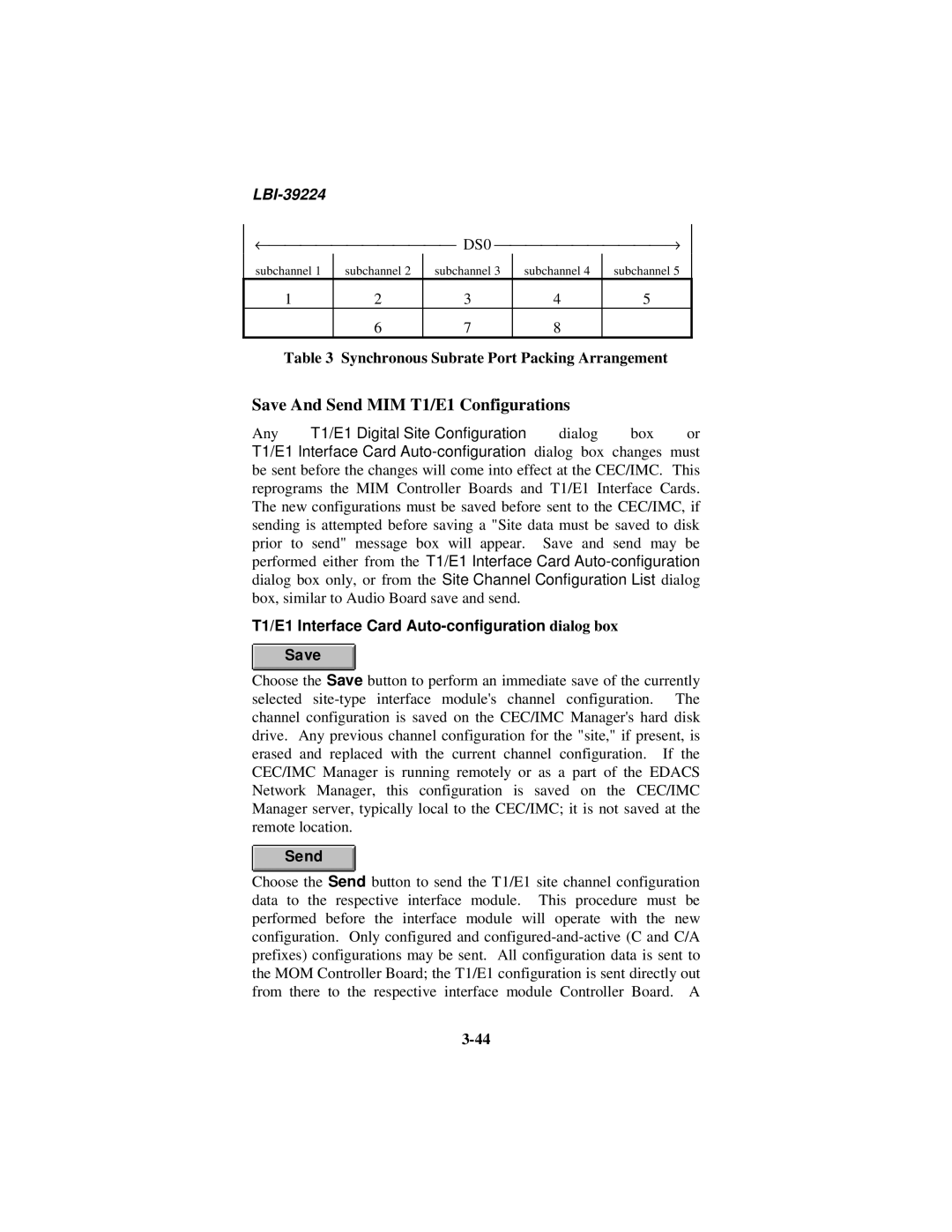 Ericsson LBI-39224 manual Save And Send MIM T1/E1 Configurations, Synchronous Subrate Port Packing Arrangement 