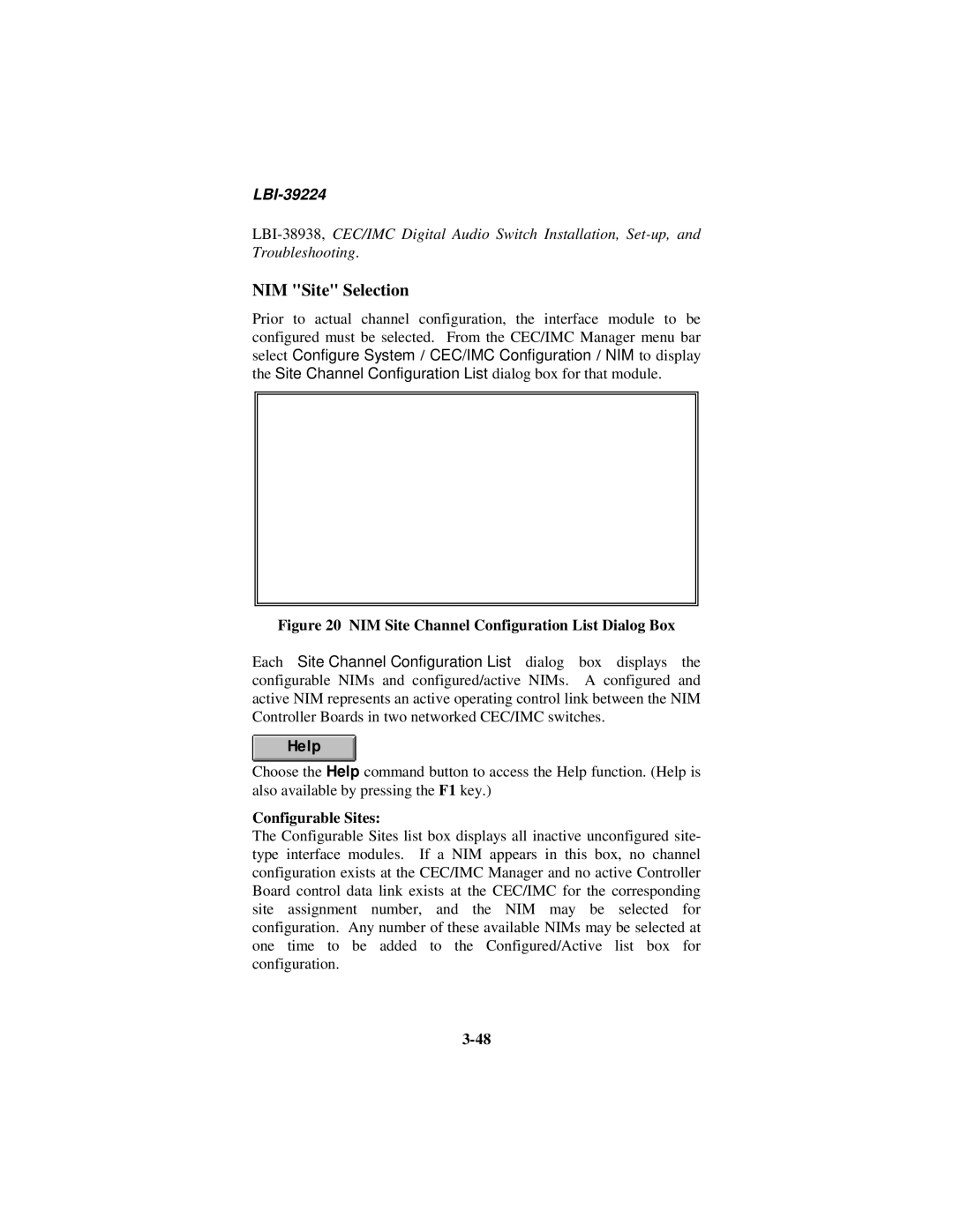 Ericsson LBI-39224 manual NIM Site Selection, NIM Site Channel Configuration List Dialog Box 