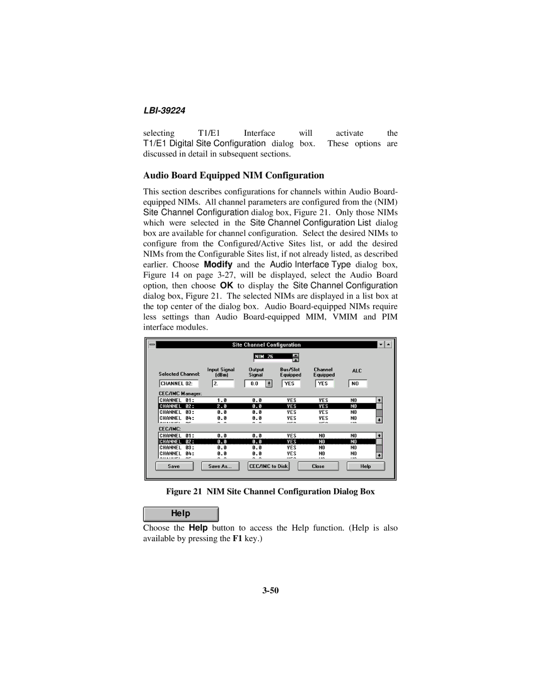 Ericsson LBI-39224 manual Audio Board Equipped NIM Configuration, NIM Site Channel Configuration Dialog Box 