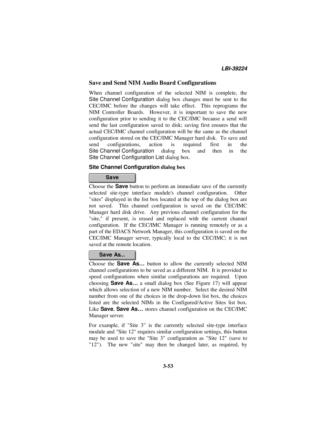 Ericsson LBI-39224 manual Save and Send NIM Audio Board Configurations, Site Channel Configuration dialog box Save 