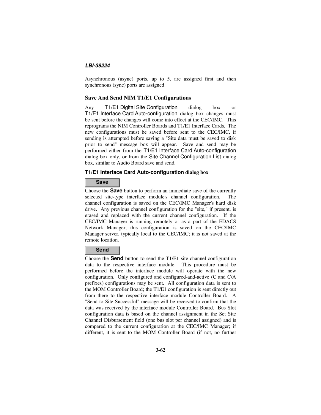 Ericsson LBI-39224 manual Save And Send NIM T1/E1 Configurations, T1/E1 Interface Card Auto-configuration dialog box Save 