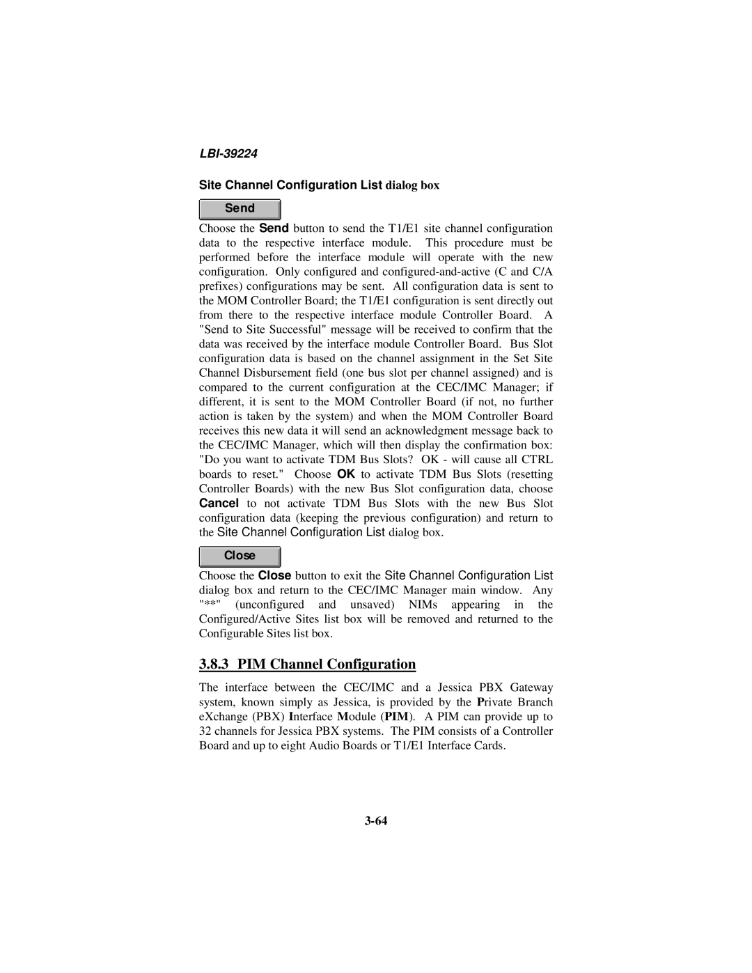 Ericsson LBI-39224 manual PIM Channel Configuration, Site Channel Configuration List dialog box Send 