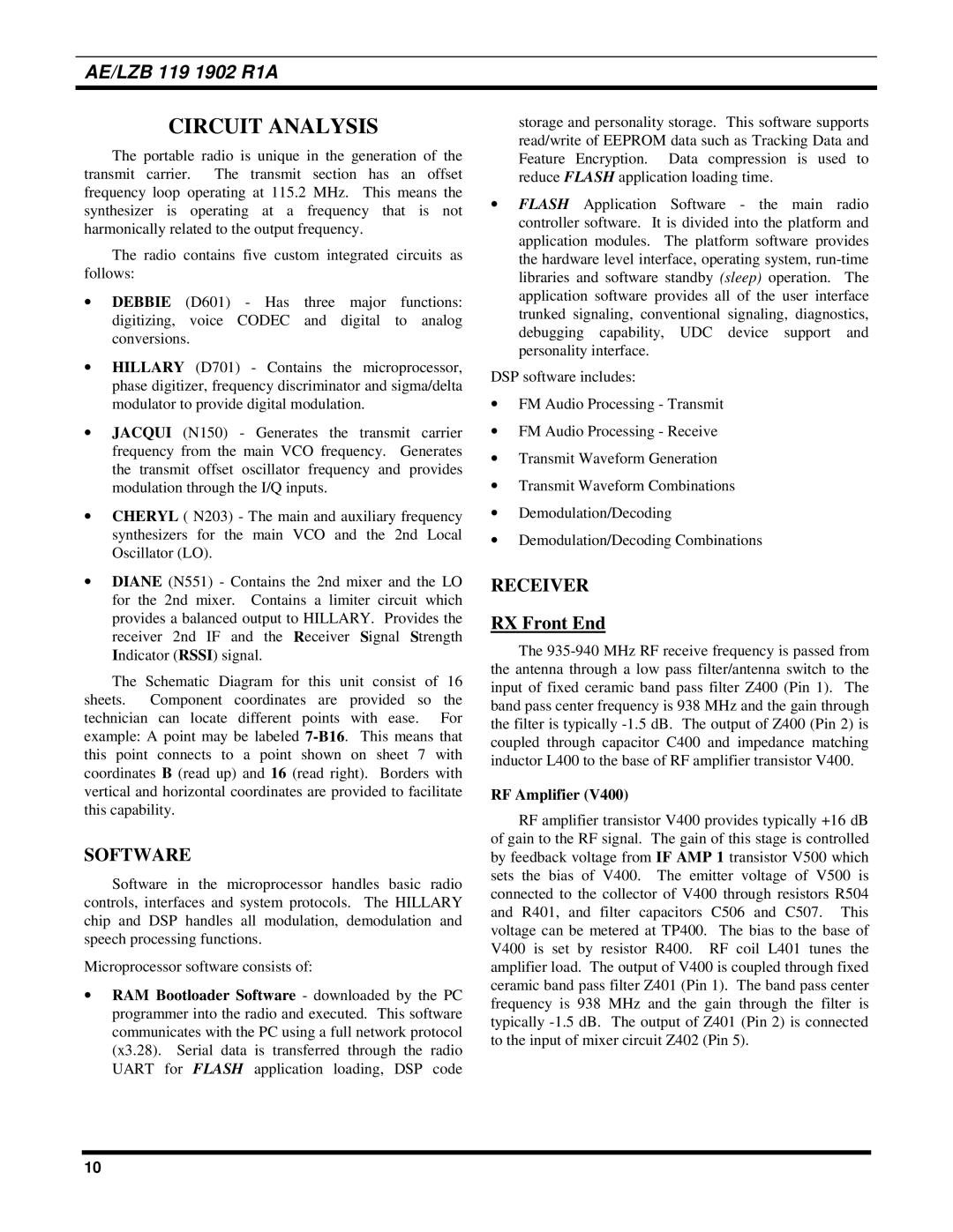 Ericsson LPE-200 manual Circuit Analysis, Software, Receiver, RX Front End, RF Amplifier 