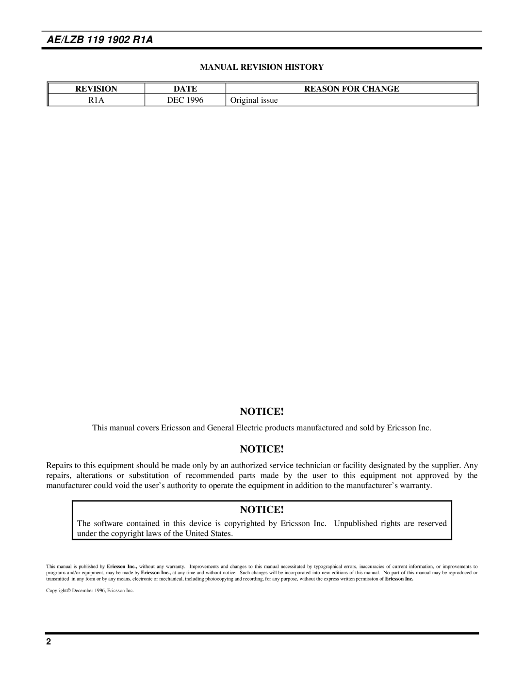 Ericsson LPE-200 manual AE/LZB 119 1902 R1A, DEC Original issue 