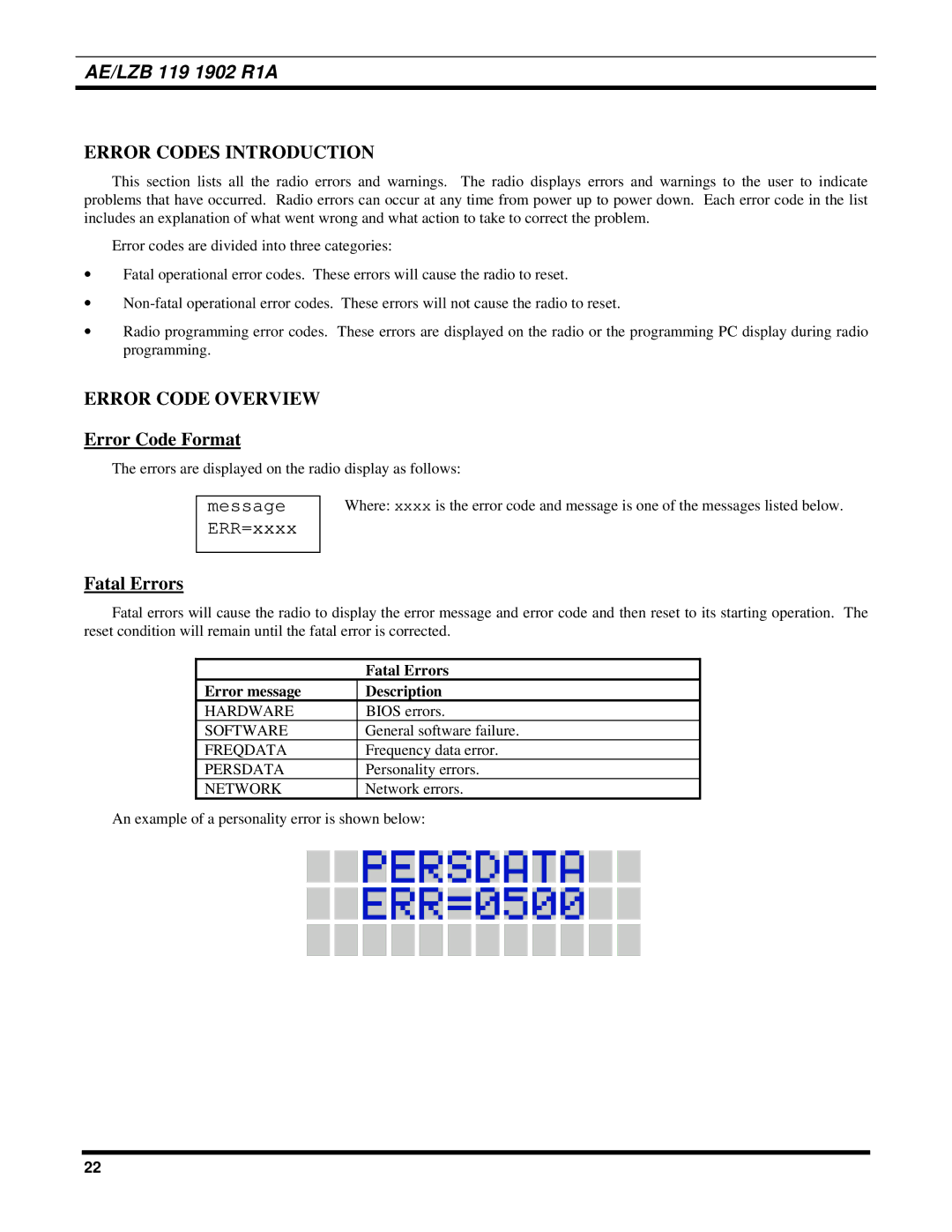 Ericsson LPE-200 manual Error Codes Introduction, Error Code Overview, Error Code Format, Fatal Errors 