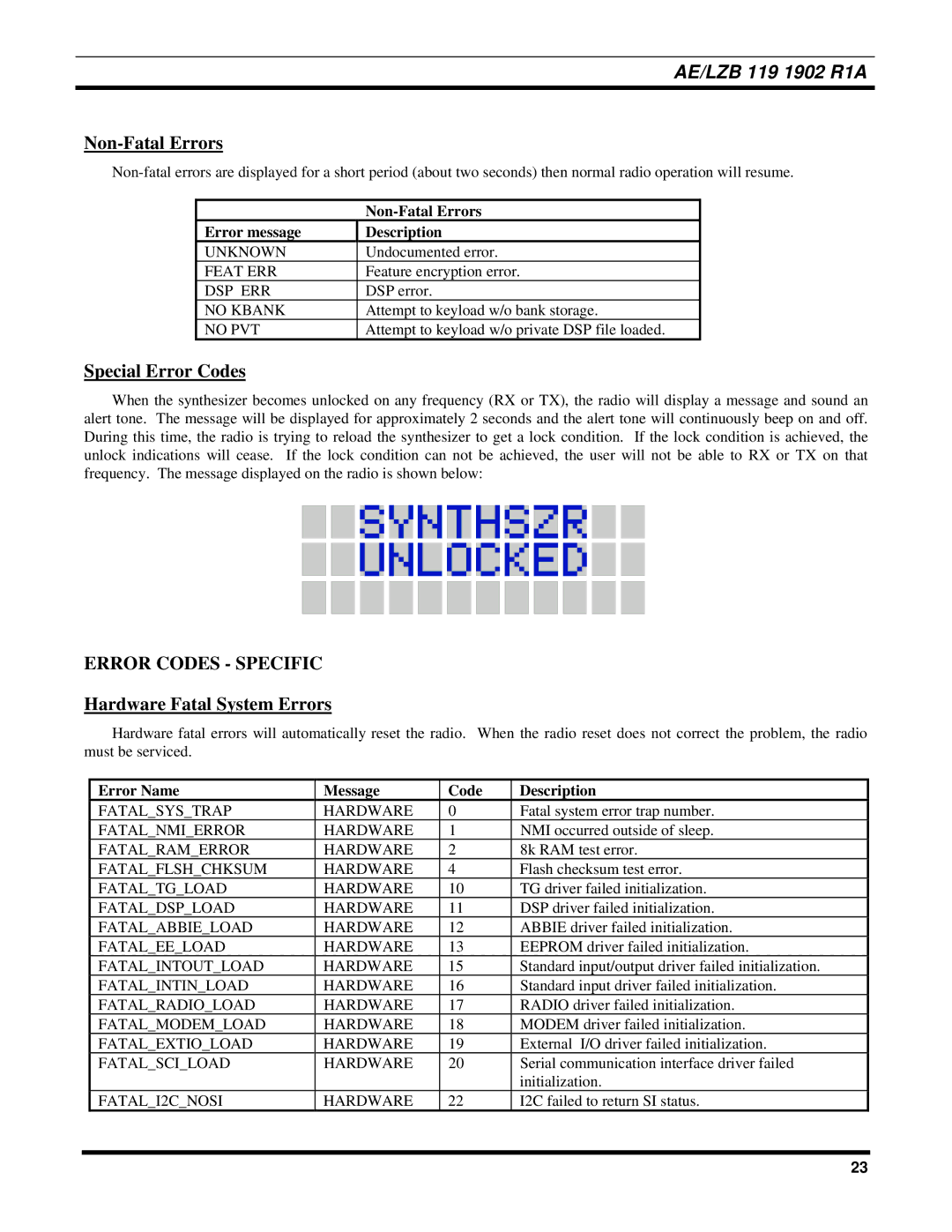 Ericsson LPE-200 manual Non-Fatal Errors, Special Error Codes, Error Codes Specific, Hardware Fatal System Errors 