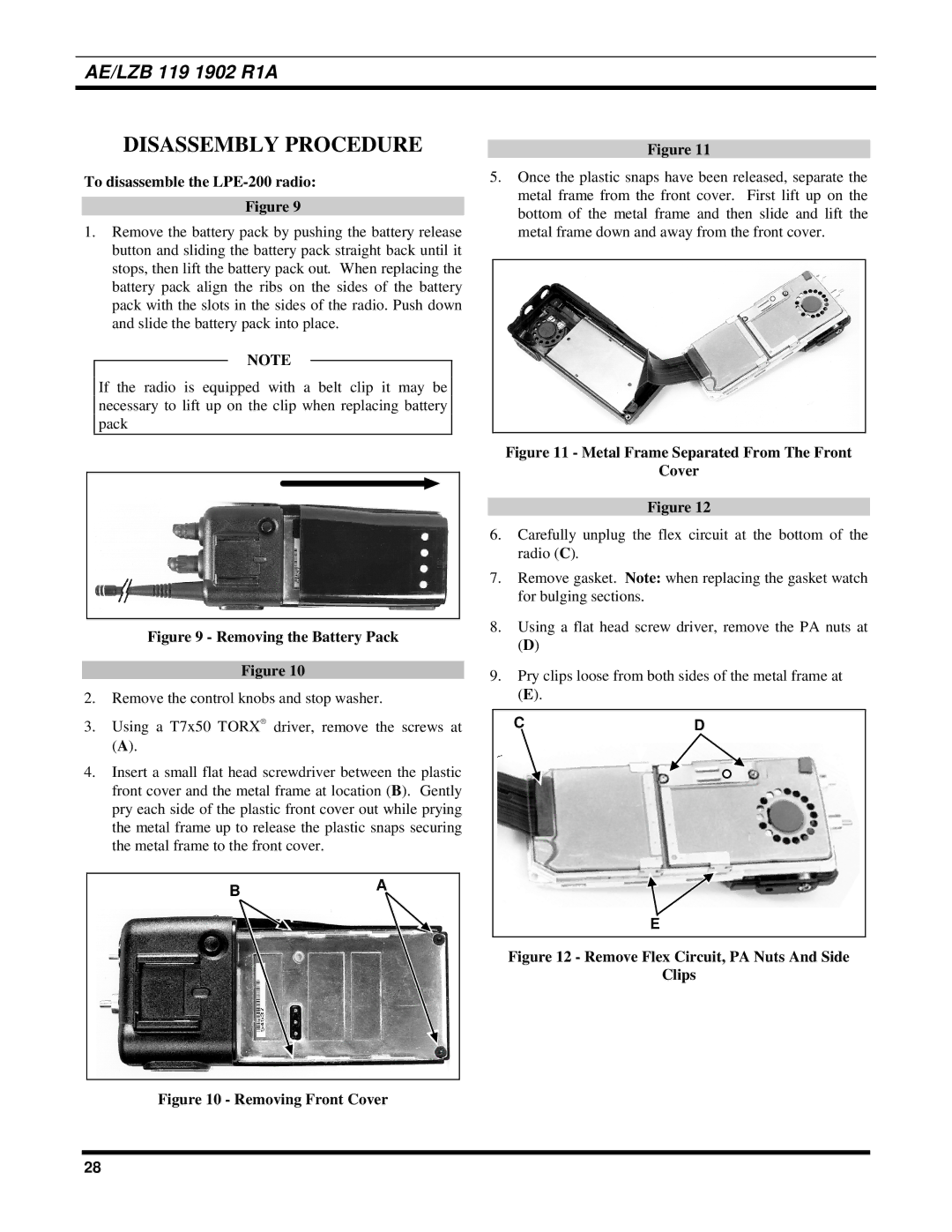 Ericsson manual Disassembly Procedure, To disassemble the LPE-200 radio 