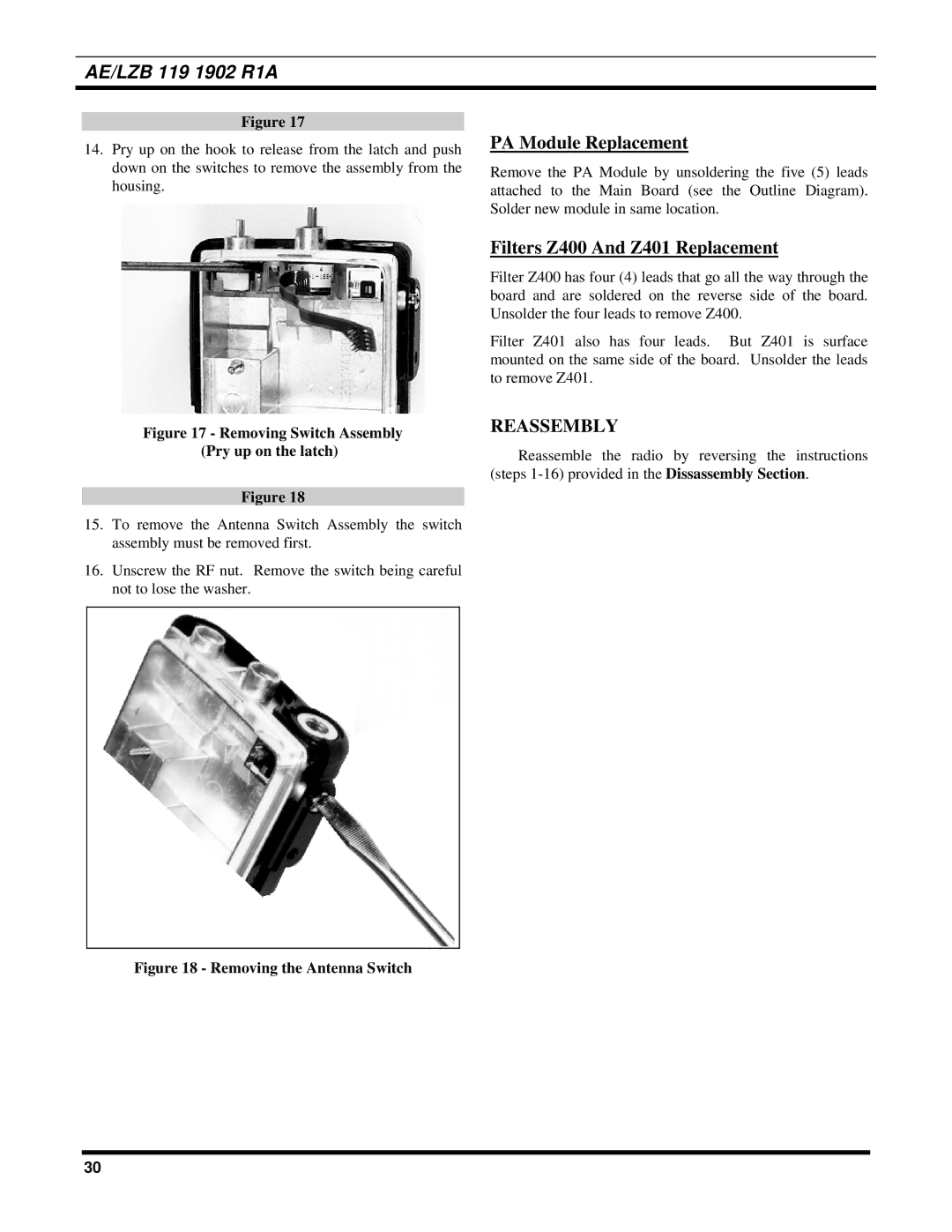 Ericsson LPE-200 manual PA Module Replacement, Filters Z400 And Z401 Replacement, Reassembly 