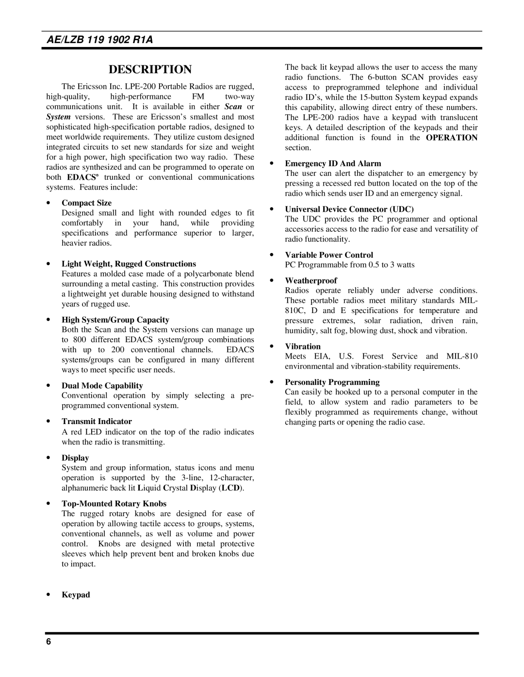 Ericsson LPE-200 manual Description 