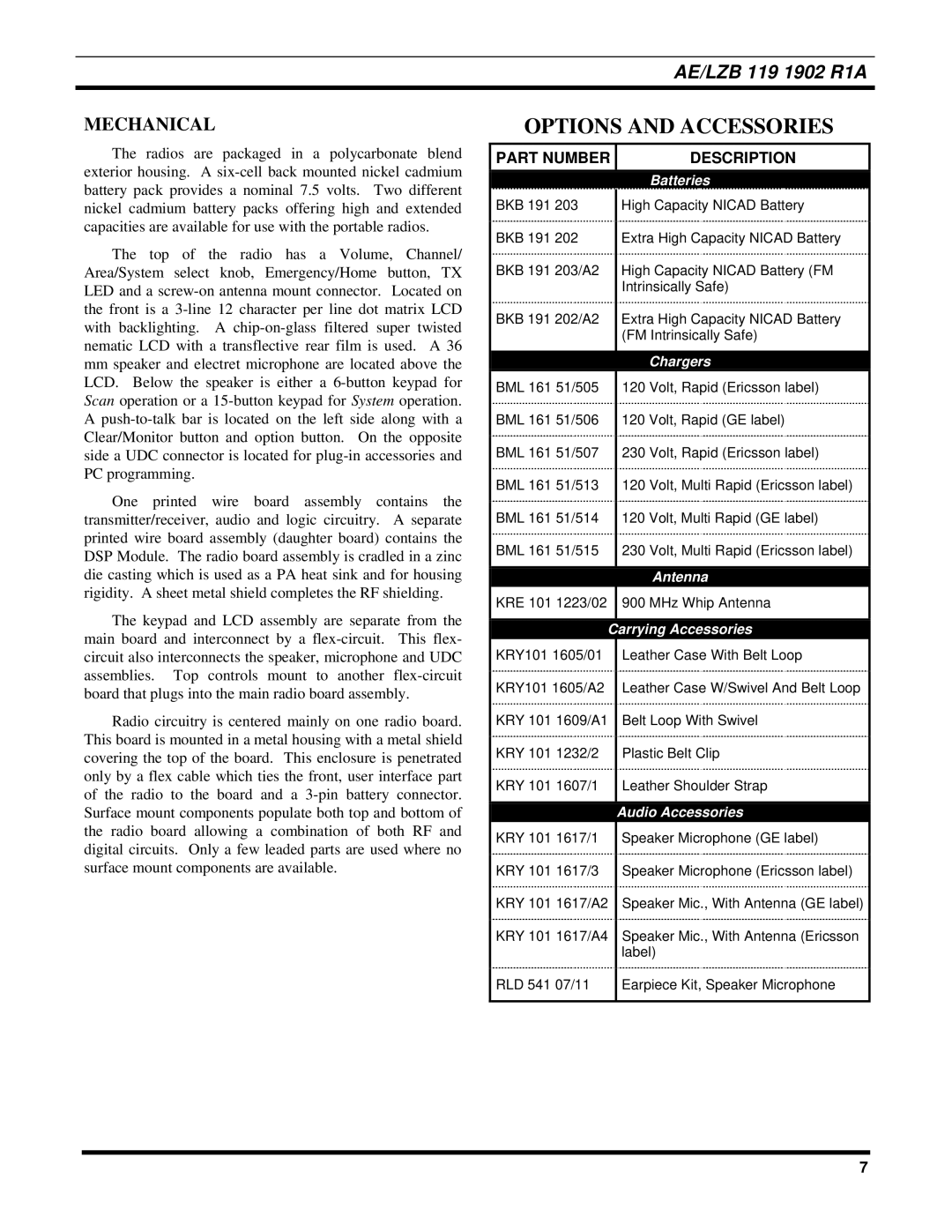 Ericsson LPE-200 manual Options and Accessories, Mechanical 