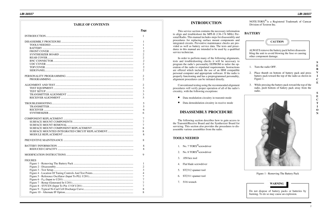 Ericsson MPI-II VHF manual Introduction, Disassembly Procedure, Table of Contents, Tools Needed, Battery 