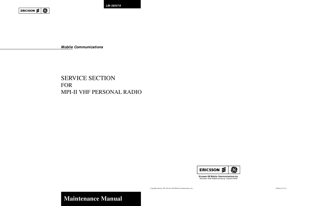 Ericsson MPI-II VHF manual Service Section, Maintenance Manual, For Mpi-Iivhf Personal Radio, Mobile Communications 