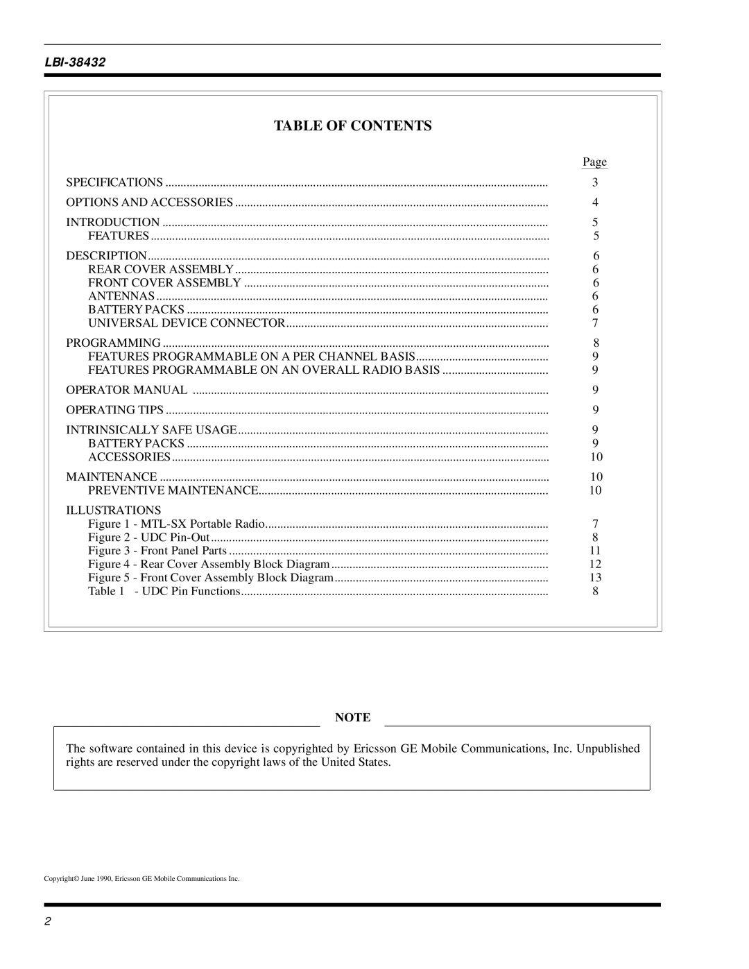 Ericsson MTL-SX manual LBI-38432, Table of Contents 