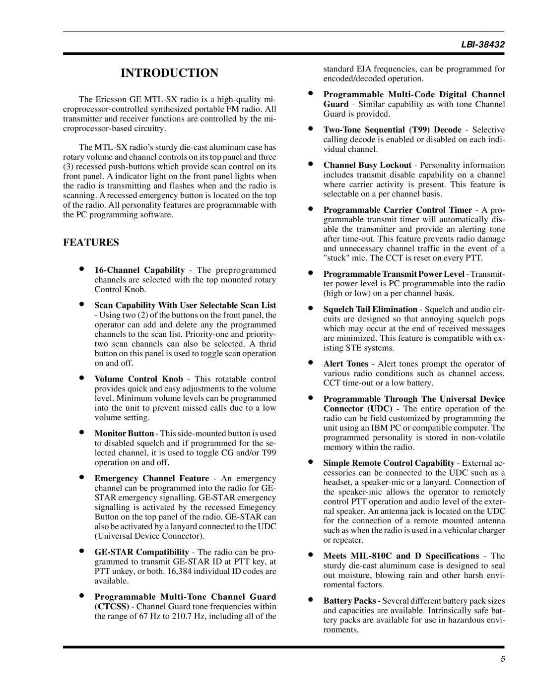 Ericsson MTL-SX manual Introduction, Features 